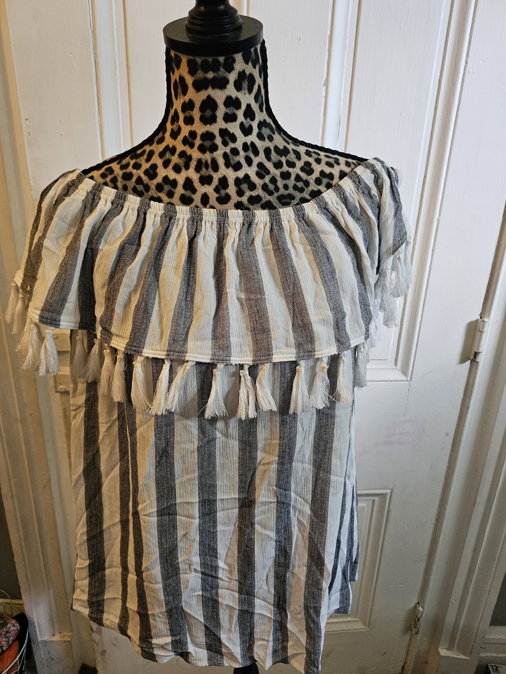 Striped Off-Shoulder Tassel Top - White and Gray